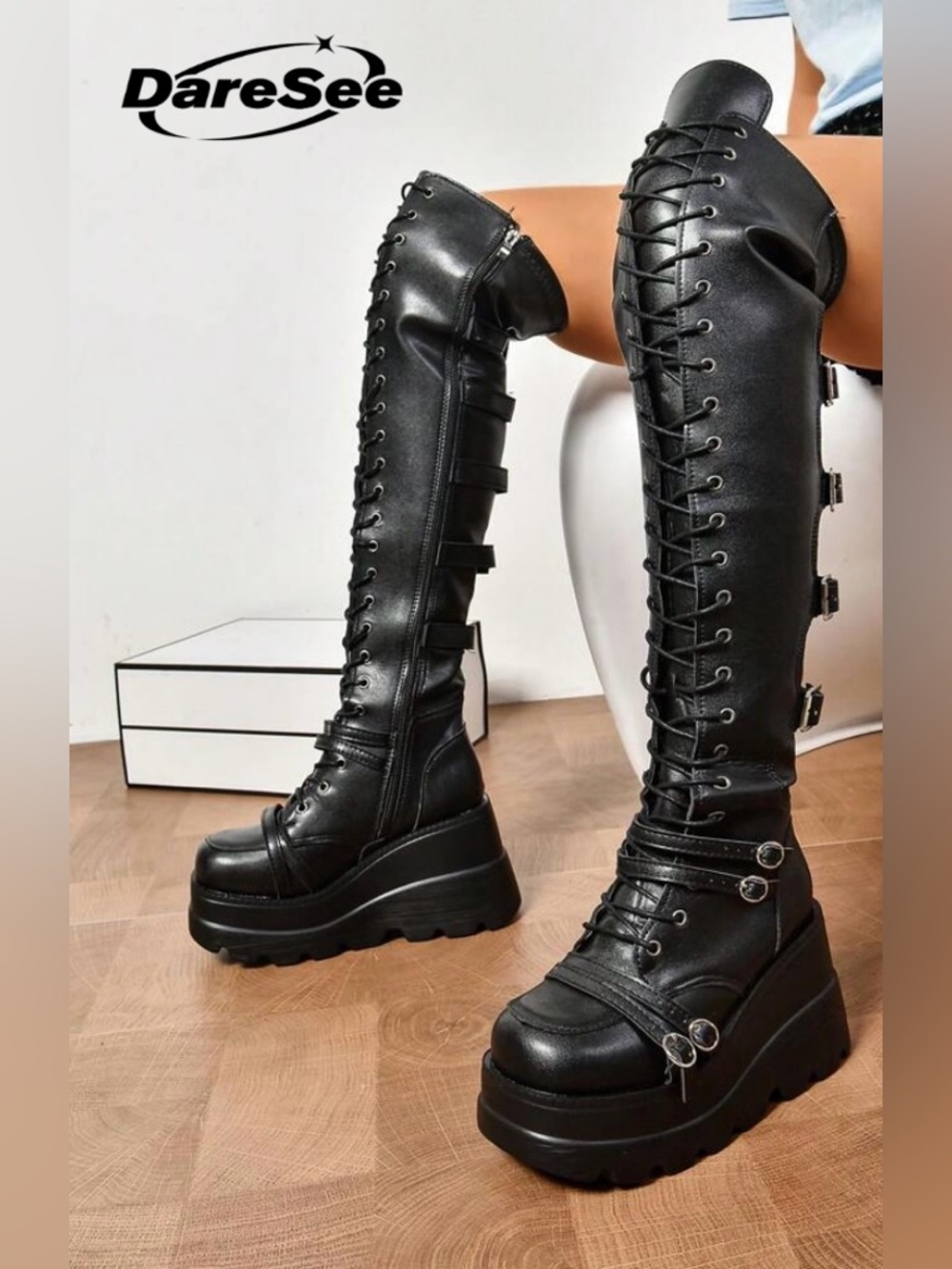 Daresee Women's Black Platform Knee-High Lace-Up Boots